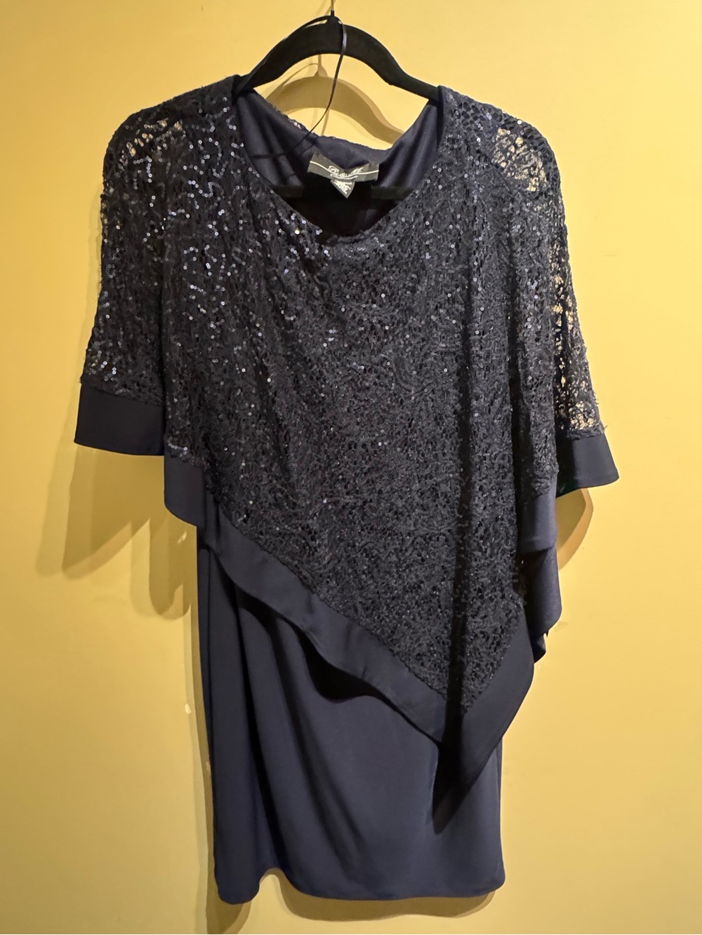 NWT R&M Richards Navy Blue Sequined Lace Asymmetrical Poncho Dress 6